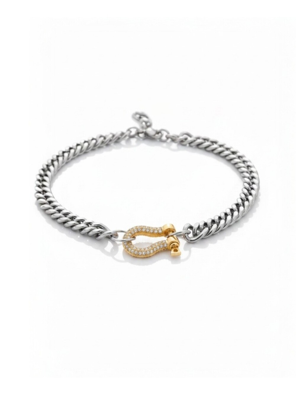 StainlessSteel▪Two-Tone 'U' Pavé Charm Chain Link Necklace ▪︎ Silver&Gold ▪︎ 18"